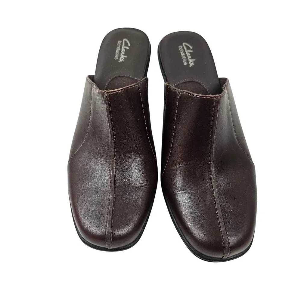 Clarks Bendable Womens Size 7M Mule Shoes Brown Leather Slip On Block Heel - Picture 2 of 9